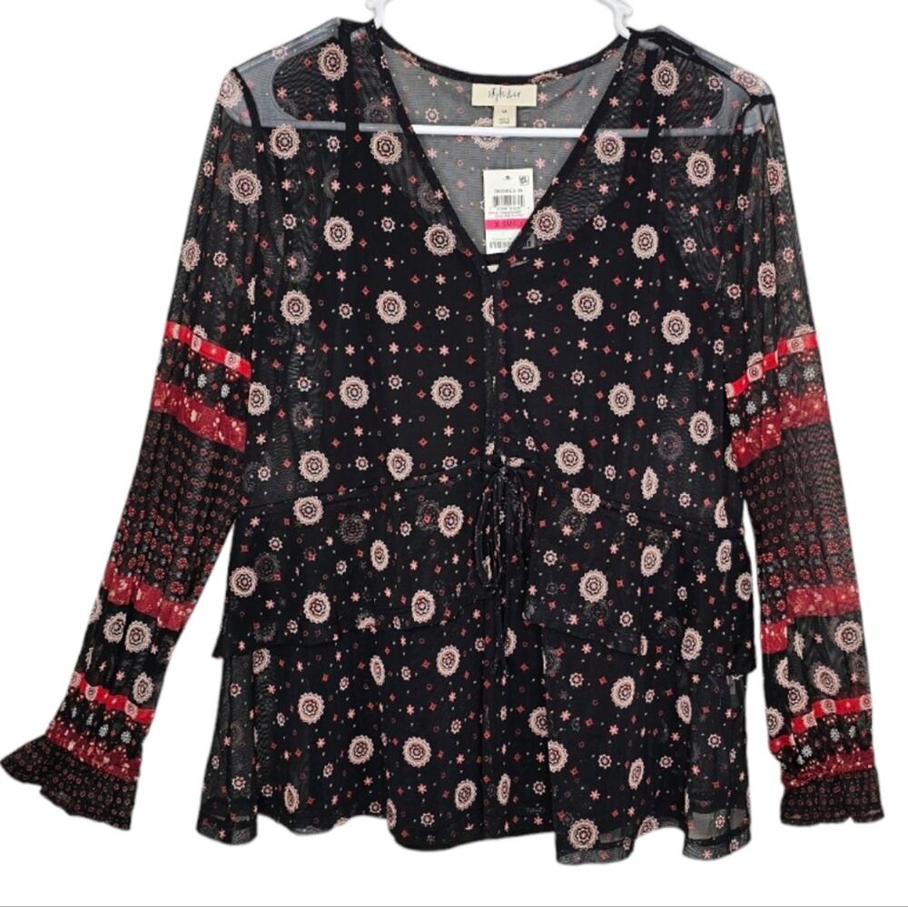 Style & Co Women's Boho V Neck Tie Waist Peasant Blouse  XS